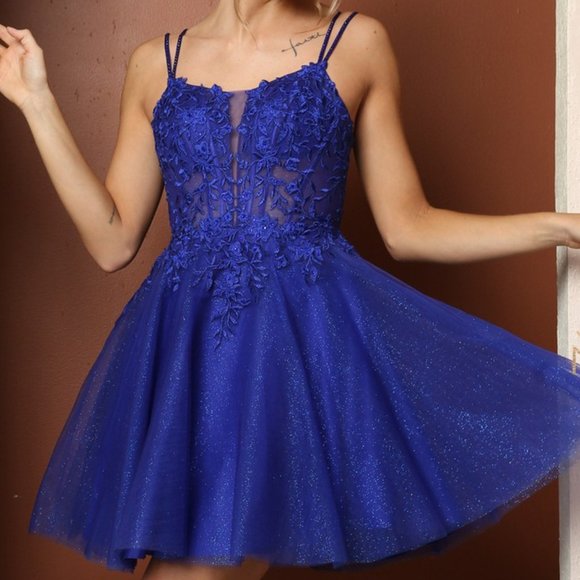 NEW ROYAL-BLUE OFF SHOULDER SLEEVELESS EMBROIDERY MINI GOWN WITH STRAPS NX T724 - Picture 3 of 8